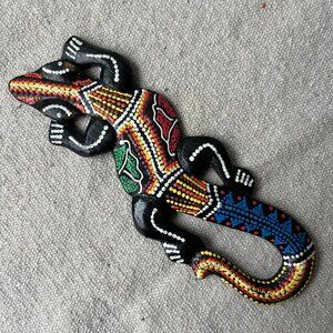 Hand Carved Wooden Gecko Lizard 7.5" Art Decor Aboriginal Dot Painted Style Bali